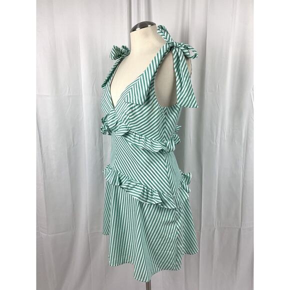 BCBGeneration Tie Shoulder Green And White Stripe Ruffle Dress 6 - Picture 5 of 16
